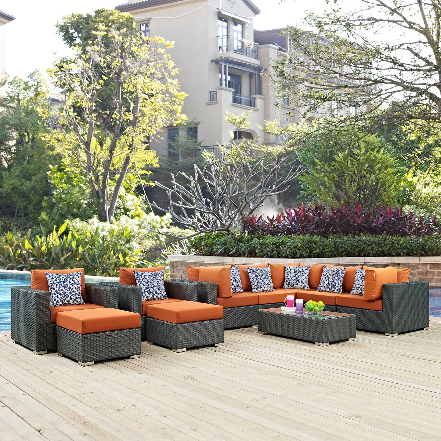 Sojourn 10 Piece Outdoor Patio Sunbrella Sectional Set in Canvas Tuscan by Modway