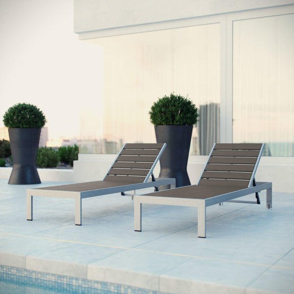 Shore Chaise Outdoor Patio Aluminum Set of 2 Silver Gray by Modway