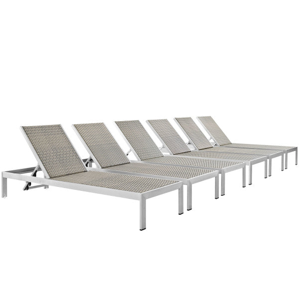 Shore Chaise Outdoor Patio Aluminum Set of 6 Silver Gray by Modway