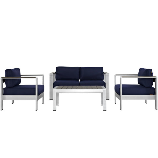 Shore 4 Piece Outdoor Patio Aluminum Sectional Sofa Set Silver Gray by Modway