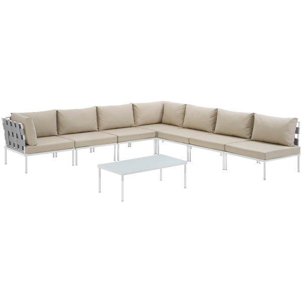 Harmony 8 Piece Outdoor Patio Aluminum Sectional Sofa Set in White Beige | Polyester by Modway