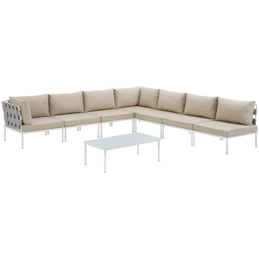 Harmony 8 Piece Outdoor Patio Aluminum Sectional Sofa Set in White Beige | Polyester by Modway