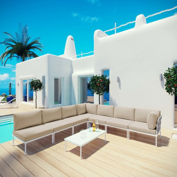 Harmony 8 Piece Outdoor Patio Aluminum Sectional Sofa Set in White Beige | Polyester by Modway