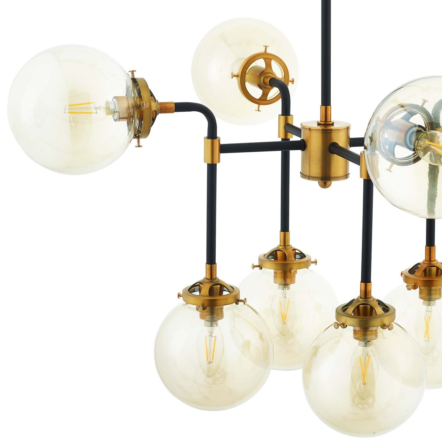 Ambition Amber Glass And Antique Brass 8 Light Pendant Chandelier in Black by Modway