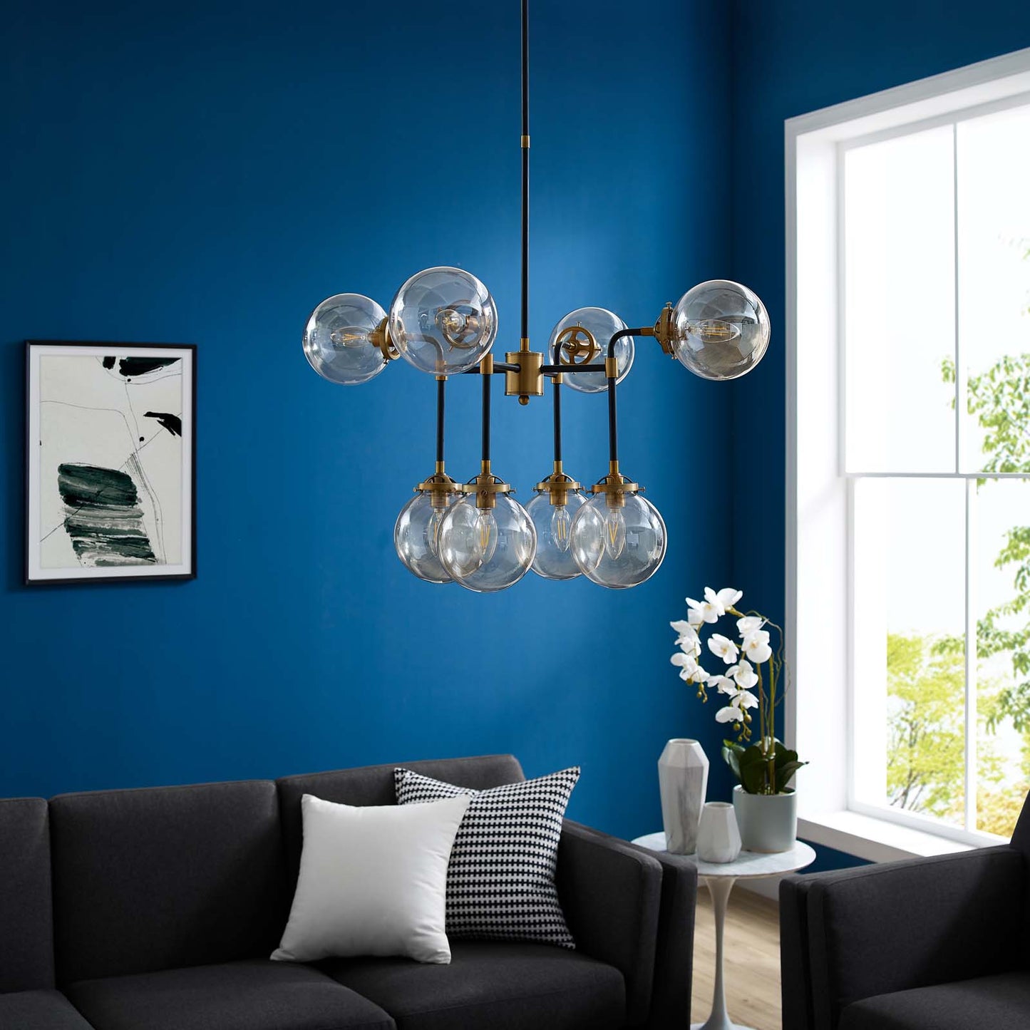 Ambition Amber Glass And Antique Brass 8 Light Pendant Chandelier in Black by Modway