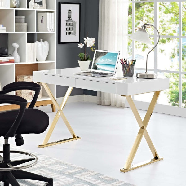 Sector Office Desk White Gold | Fiber By Modway
