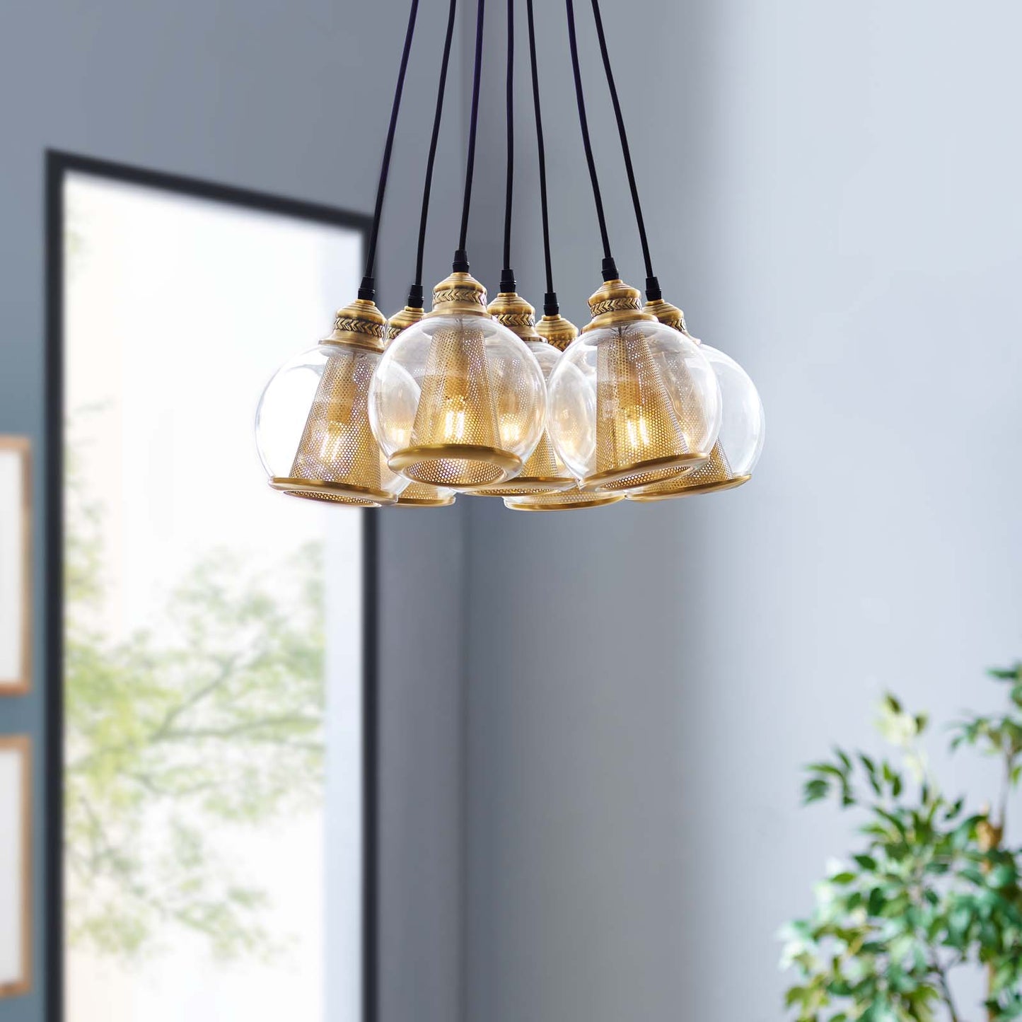 Peak Brass Cone and Glass Globe Cluster Pendant Chandelier in Gold by Modway
