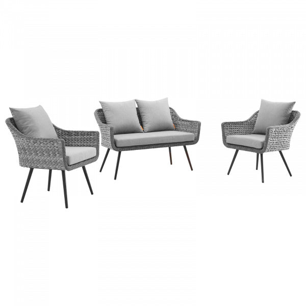 Endeavor 3 Piece Outdoor Patio Wicker Rattan Loveseat and Armchair Set Gray Gray by Modway