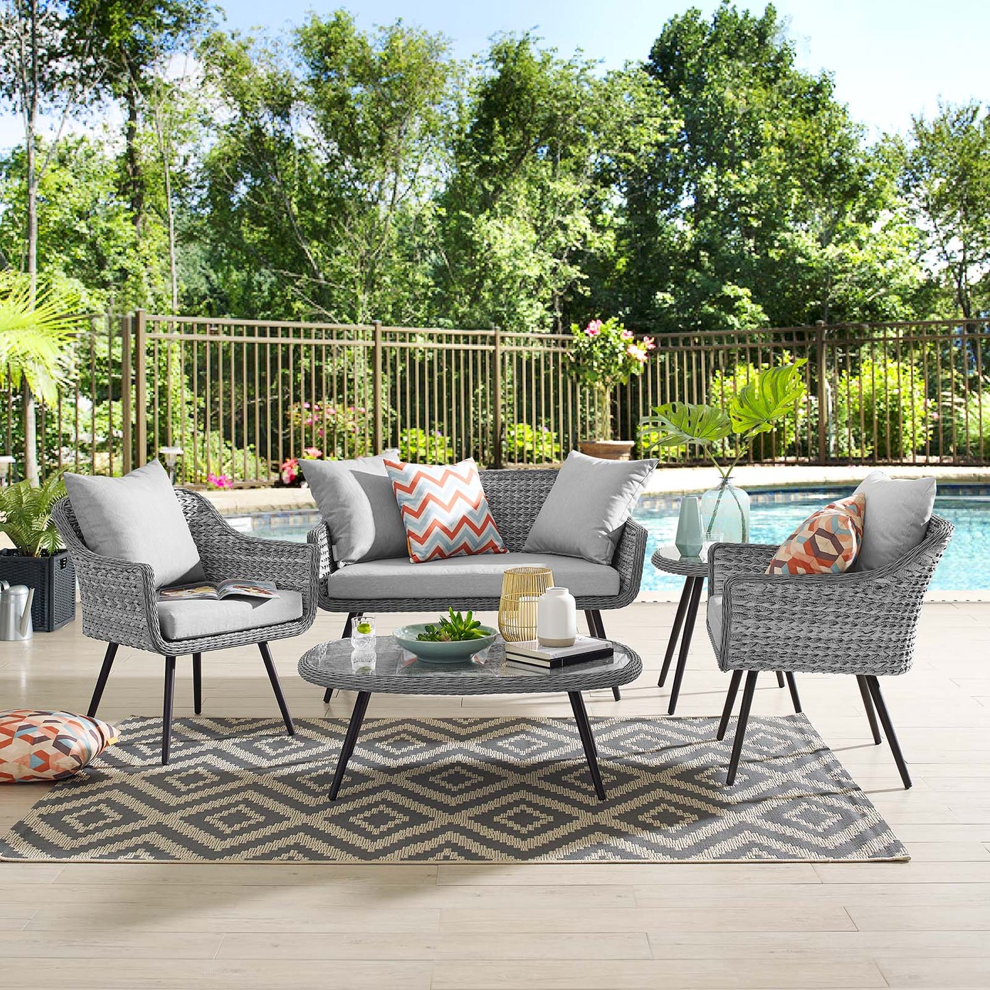 Endeavor 5 Piece Outdoor Patio Wicker Rattan Sectional Sofa Set in Gray Gray by Modway