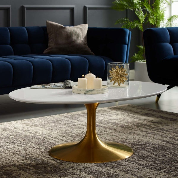 Lippa 42" Oval-Shaped Coffee Table With Gold Base in Gold White By Modway