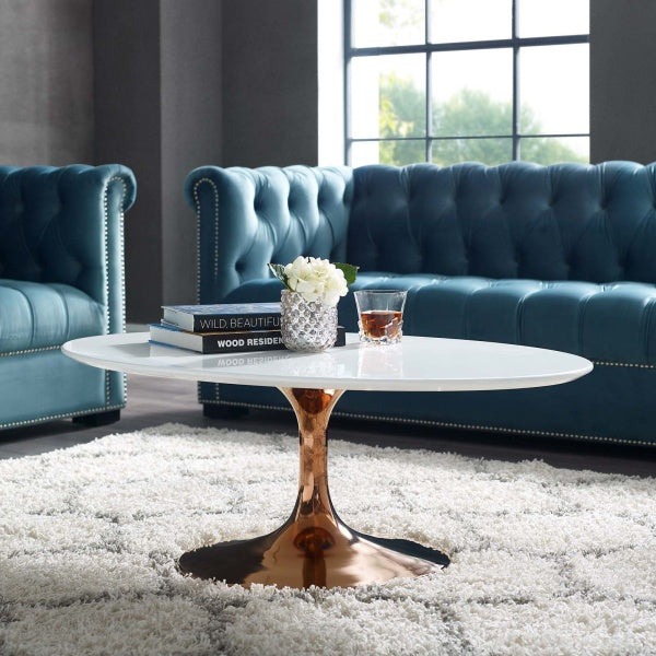 Lippa 42" Oval-Shaped Coffee Table With Rose Gold Base in Rose Gold White By Modway
