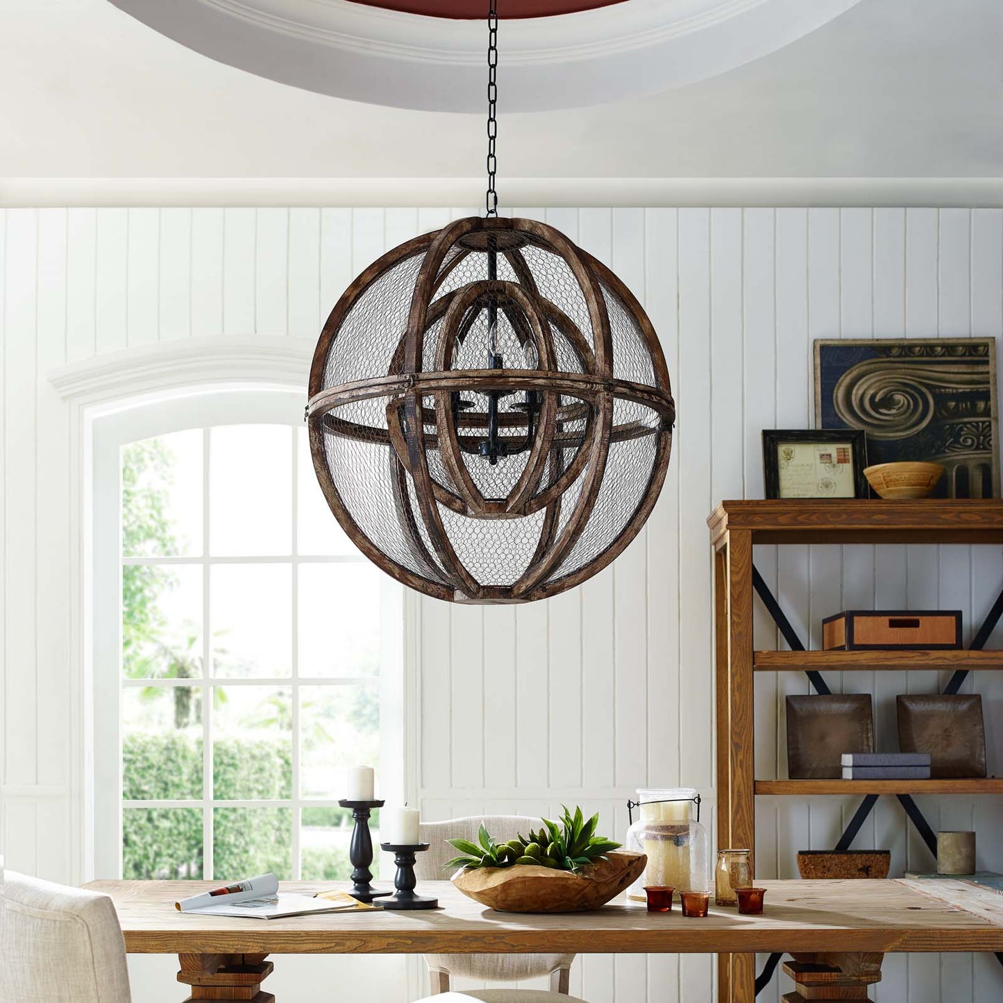 Gravitate Globe Rustic Oak Wood Pendant Light Chandelier in Brown by Modway