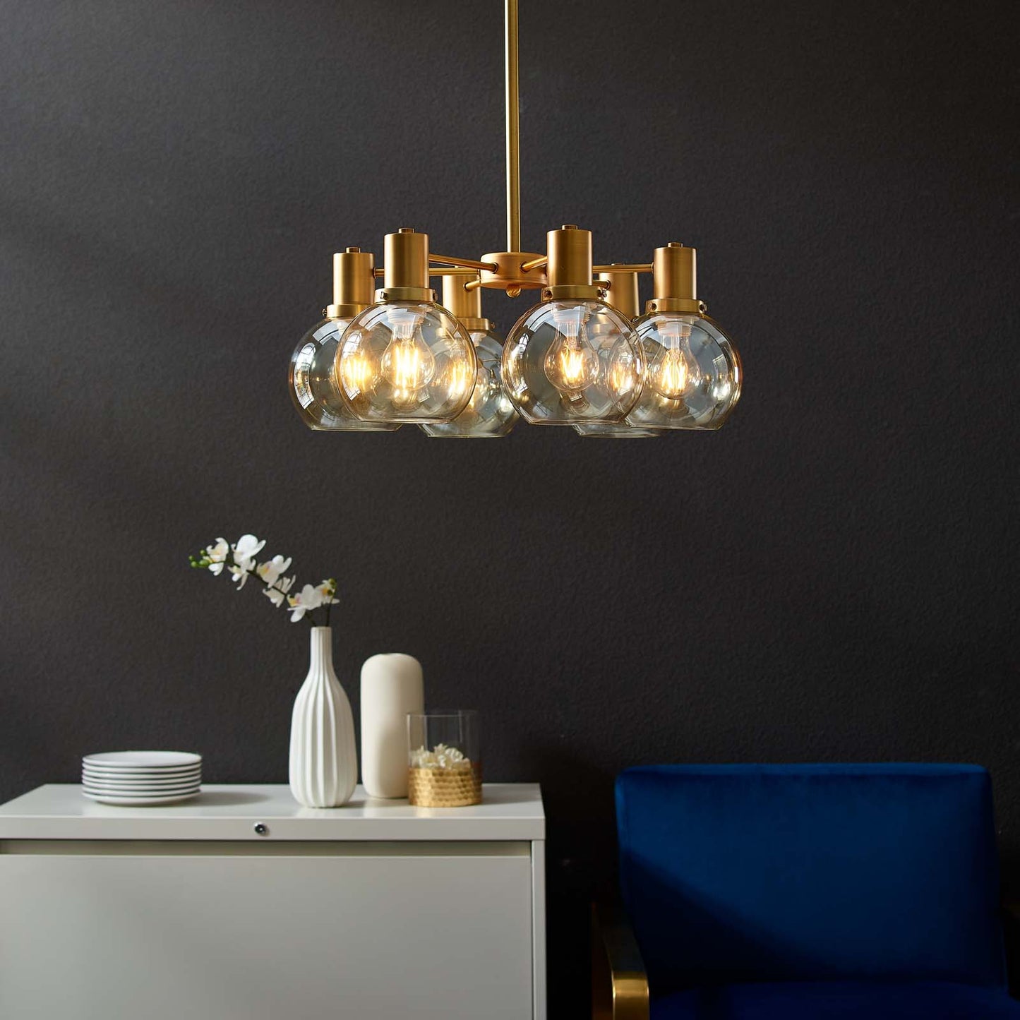 Resound Amber Glass And Brass Pendant Chandelier in Gold by Modway