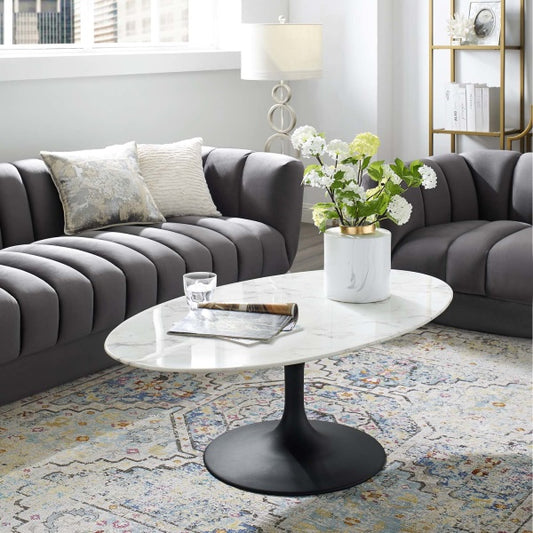 Lippa 48" OvalShaped Artificial Marble Coffee Table in Black White by Modway