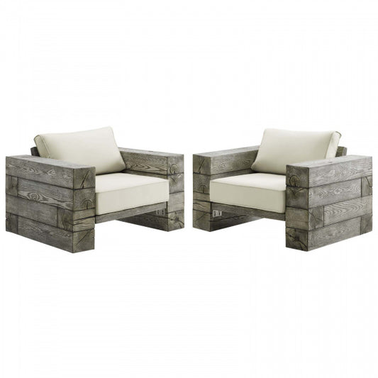 Manteo Rustic Coastal Outdoor Patio Sunbrella Lounge Armchair Set of 2 Light Gray Beige by Modway