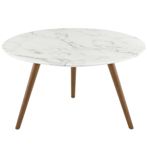 Lippa 28" Round Artificial Marble Coffee Table with Tripod Base Walnut White By Modway