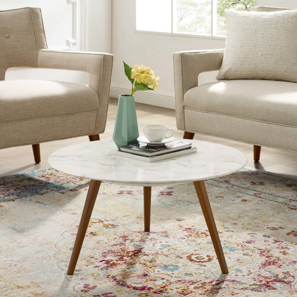 Lippa 28" Round Artificial Marble Coffee Table with Tripod Base Walnut White By Modway