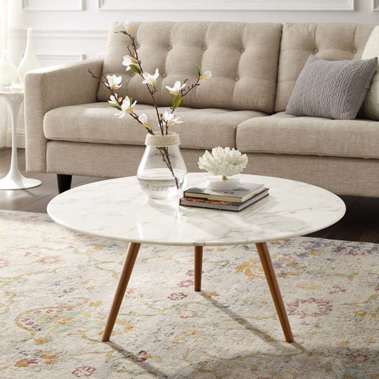 Lippa 36" Round Artificial Marble Coffee Table with Tripod Base By Modway