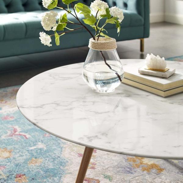 Lippa 40" Round Artificial Marble Coffee Table with Tripod Base Walnut White By Modway