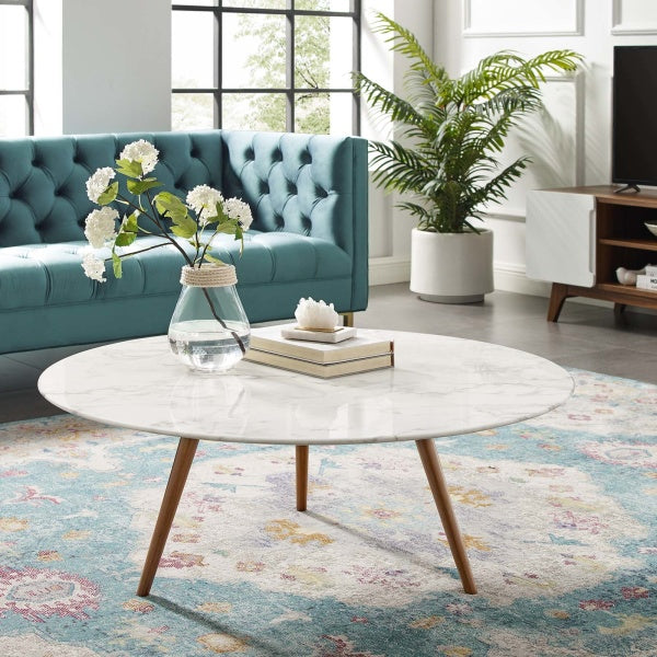 Lippa 40" Round Artificial Marble Coffee Table with Tripod Base Walnut White By Modway