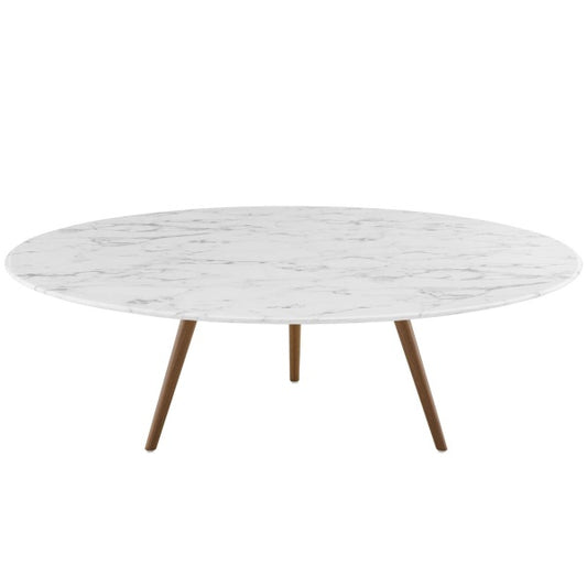 Lippa 47" Round Artificial Marble Coffee Table with Tripod Base Walnut White By Modway