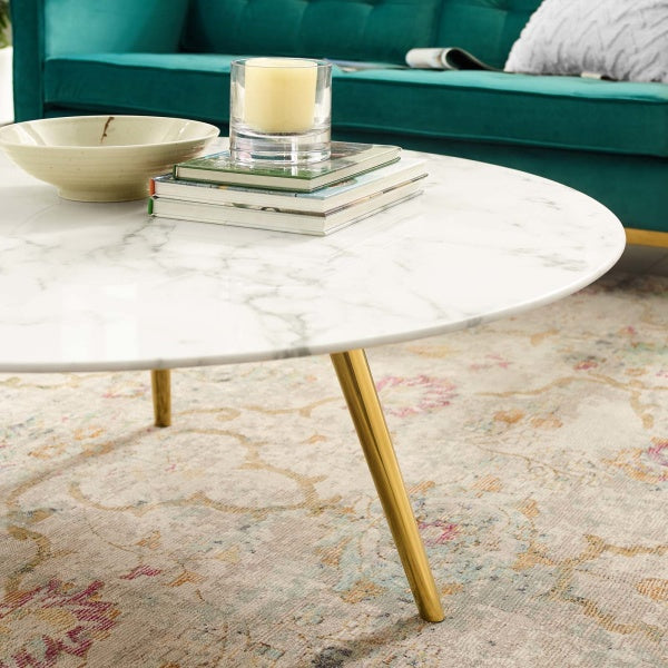 Lippa 40" Round Artificial Marble Coffee Table with Tripod Base Gold White By Modway