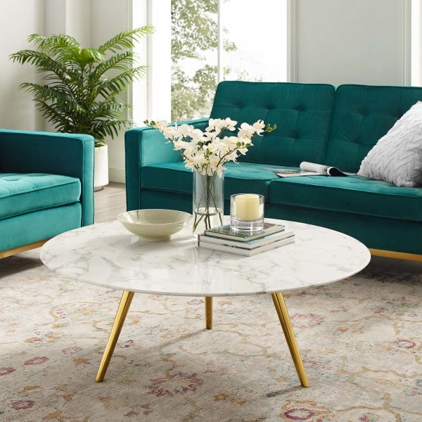 Lippa 40" Round Artificial Marble Coffee Table with Tripod Base Gold White By Modway
