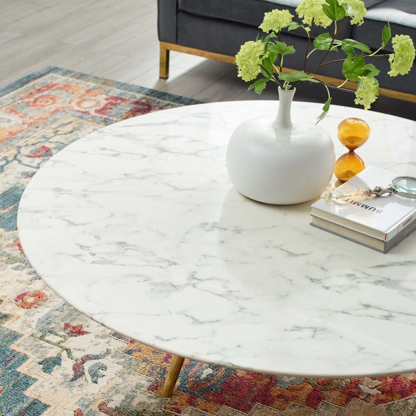 Lippa 47" Round Artificial Marble Coffee Table with Tripod Base Gold White By Modway
