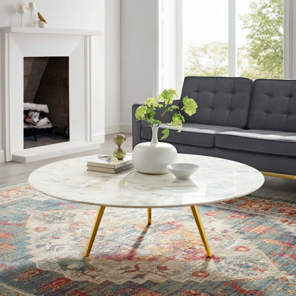 Lippa 47" Round Artificial Marble Coffee Table with Tripod Base Gold White By Modway