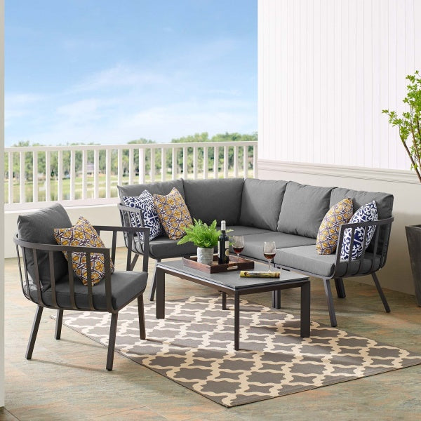 Riverside 4 Piece Outdoor Patio Aluminum Sectional Set with Armchair and Table in Dark Gray by Modway