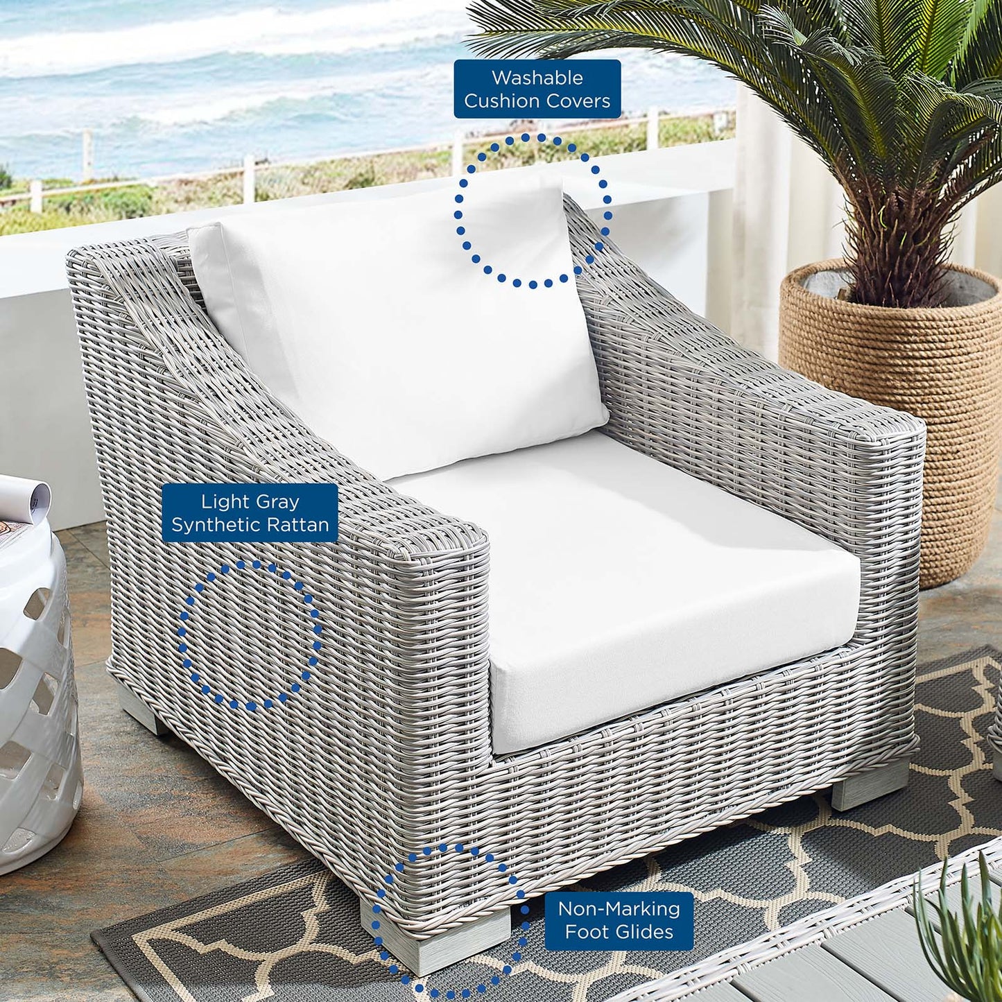 Conway Outdoor Patio Wicker Rattan Armchair in Light Gray White by Modway