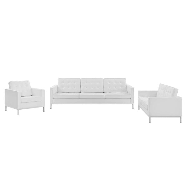 Loft Tufted Upholstered Faux Leather 3 Piece Set Silver White by Modway