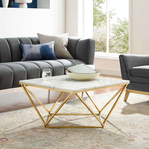 Vertex Gold Metal Stainless Steel Coffee Table Gold White by Modway