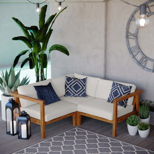 Bayport Outdoor Patio Teak Wood 3-Piece Sectional Sofa Set Natural White by Modway