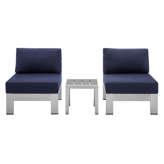 Shore Sunbrella Fabric Outdoor Patio Aluminum 3 Piece Set Silver Navy by Modway