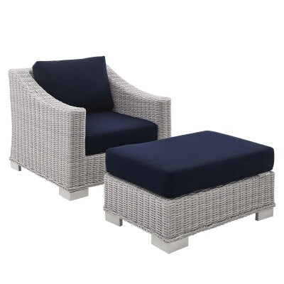 Conway Sunbrella Outdoor Patio Wicker Rattan 2-Piece Armchair and Ottoman Set Light Gray Navy by Modway