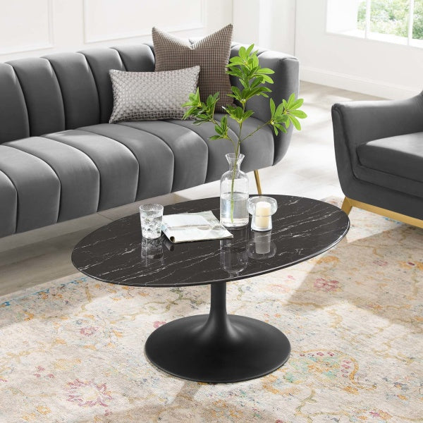 Lippa 42" Oval Artificial Marble Coffee Table Black Black By Modway