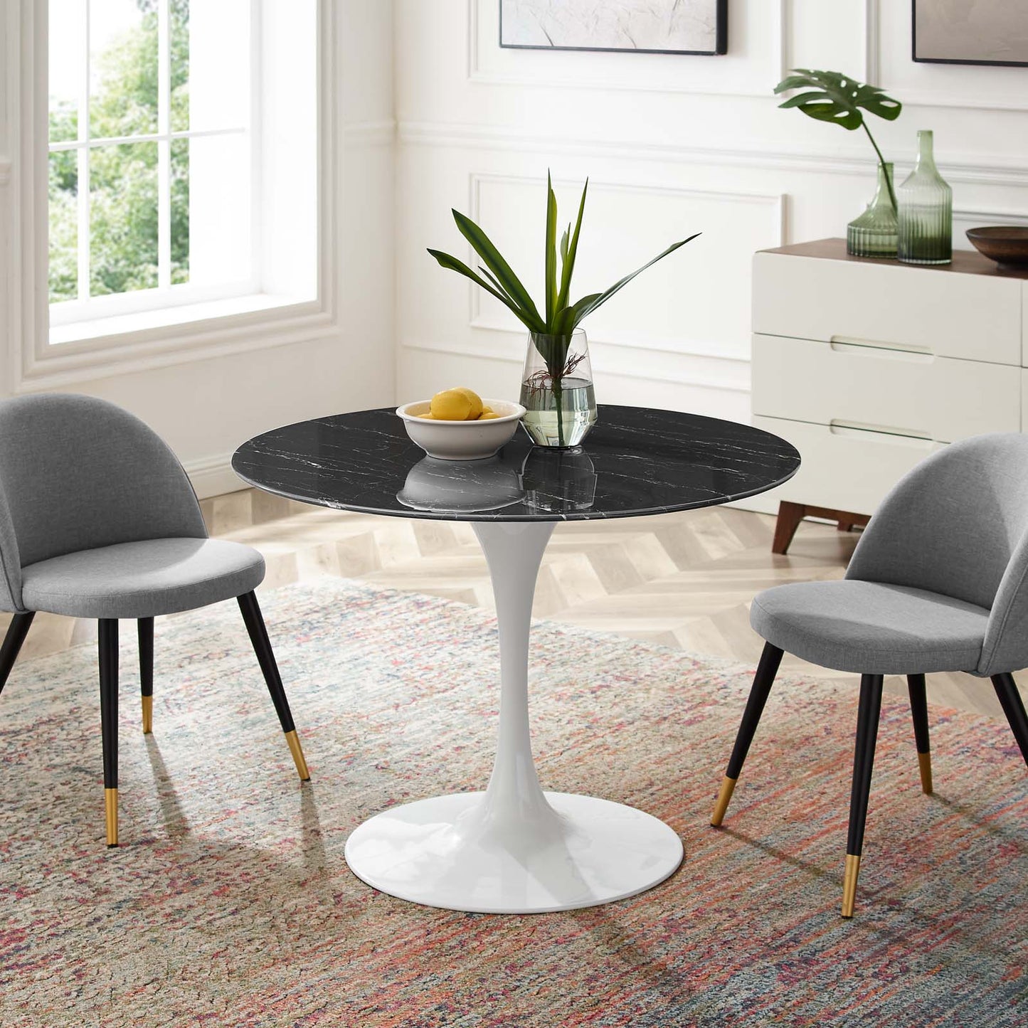 Lippa 40" Round Artificial Marble Dining Table in White Black By Modway