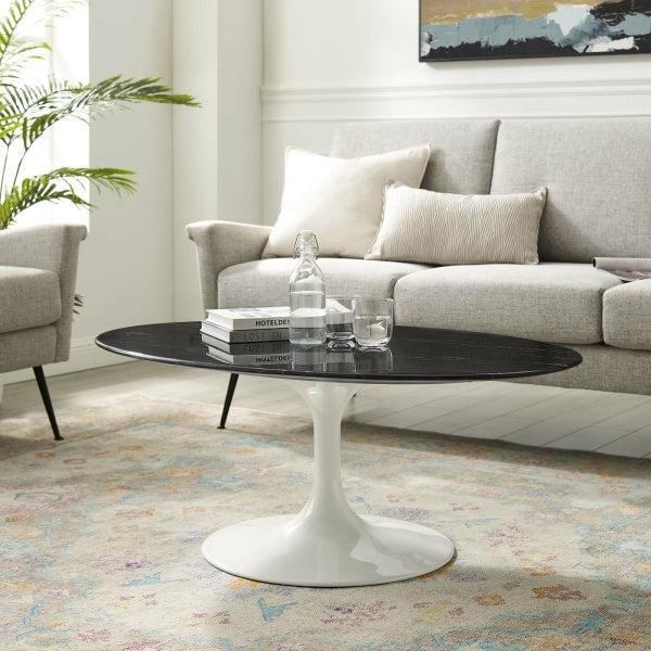 Lippa 42" Oval Artificial Marble Coffee Table in White Black By Modway