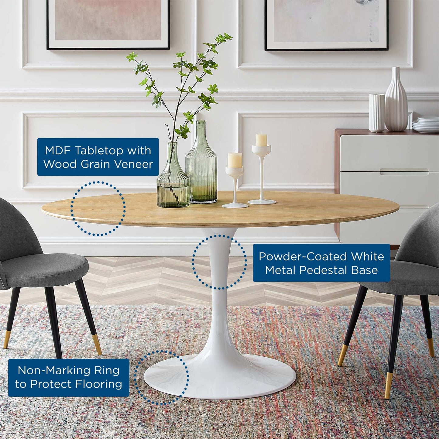 Lippa 60" Oval Dining Table in White Natural By Modway