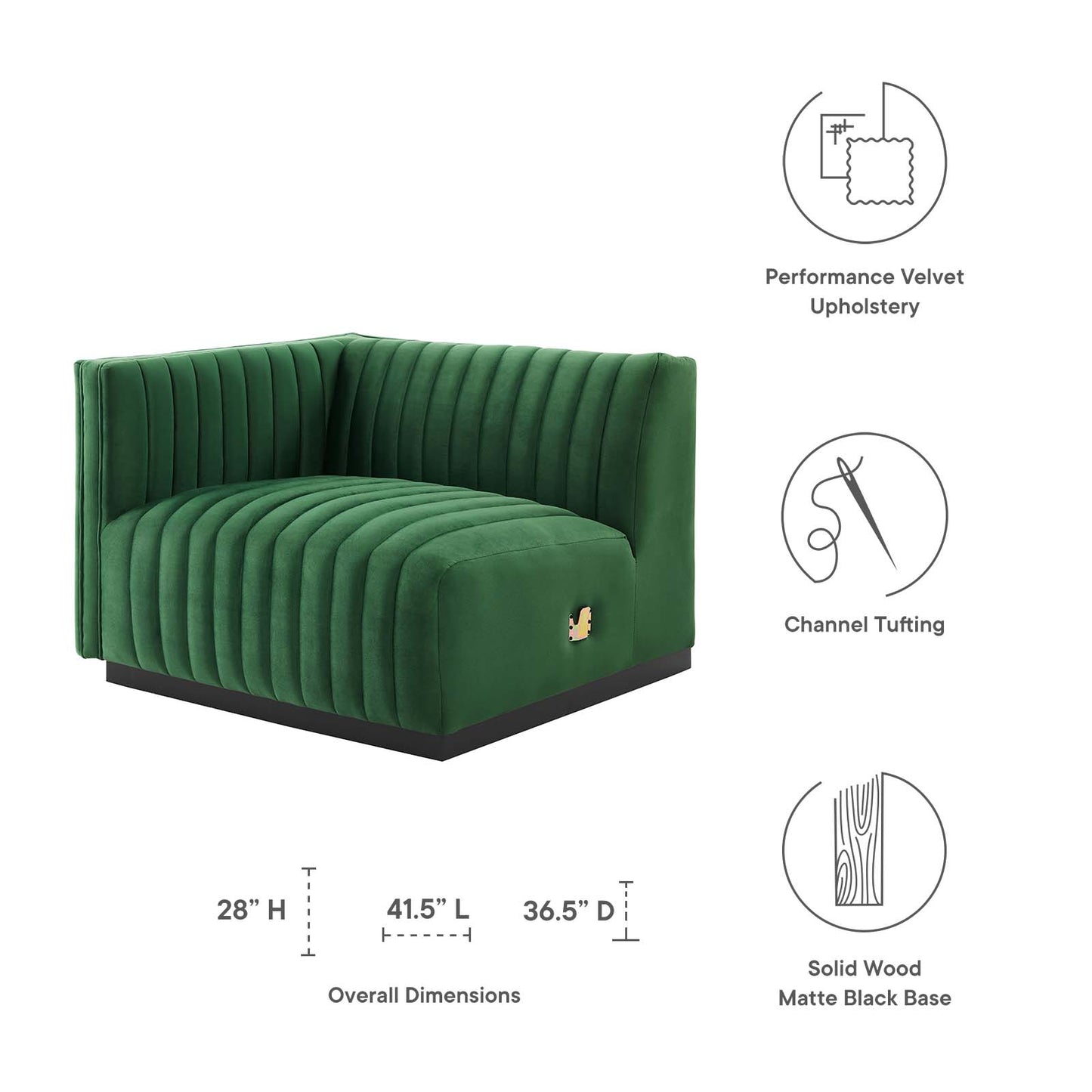 Conjure Channel Tufted Performance Velvet Left-Arm Chair in Black Emerald by Modway