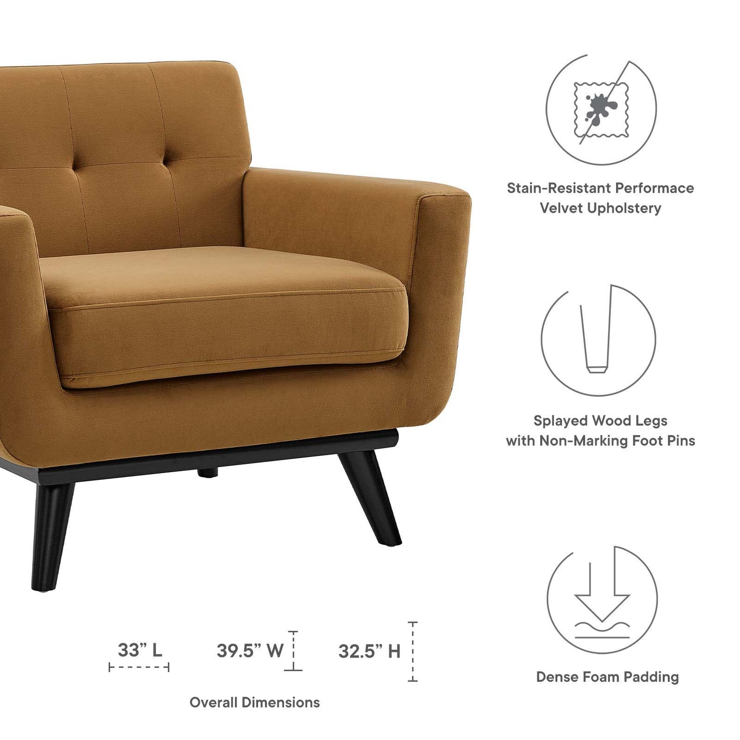 Engage Performance Velvet Armchair in Cognac by Modway