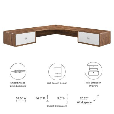 Transmit 55" Wall Mount Corner Wood Office Desk in Walnut by Modway
