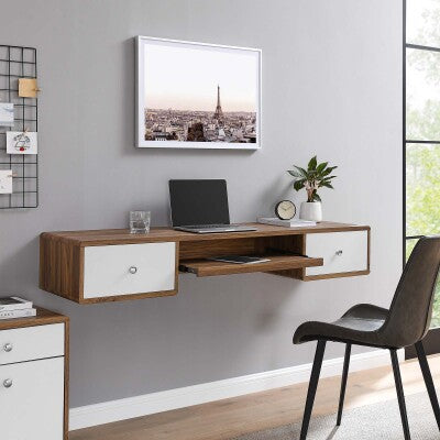 Transmit 60" Wall Mount Wood Office Desk in Walnut White by Modway