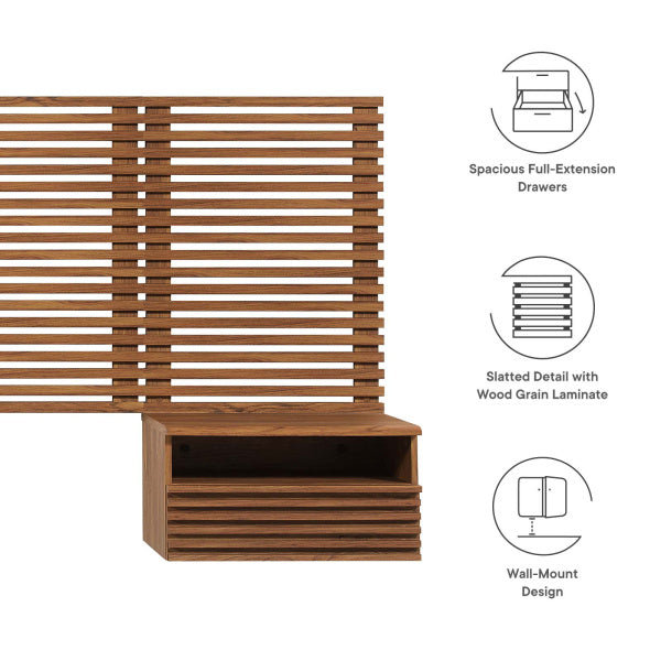 Render Wall Mount King Headboard and Modern Nightstands-King