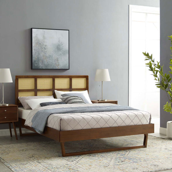 Sidney Cane and Wood King Platform Bed With Splayed Legs in Walnut By Modway