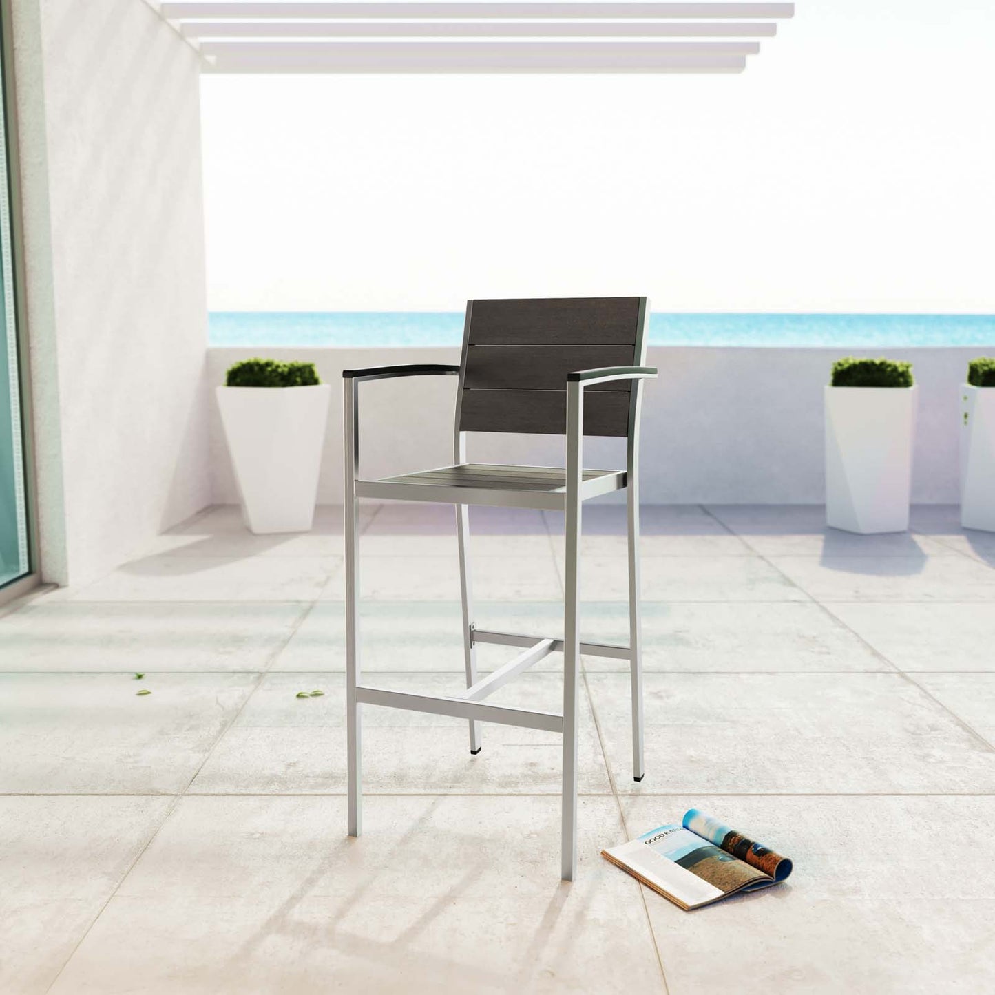 Shore Outdoor Patio Aluminum Bar Stool Silver Gray Arm Chair by Modway