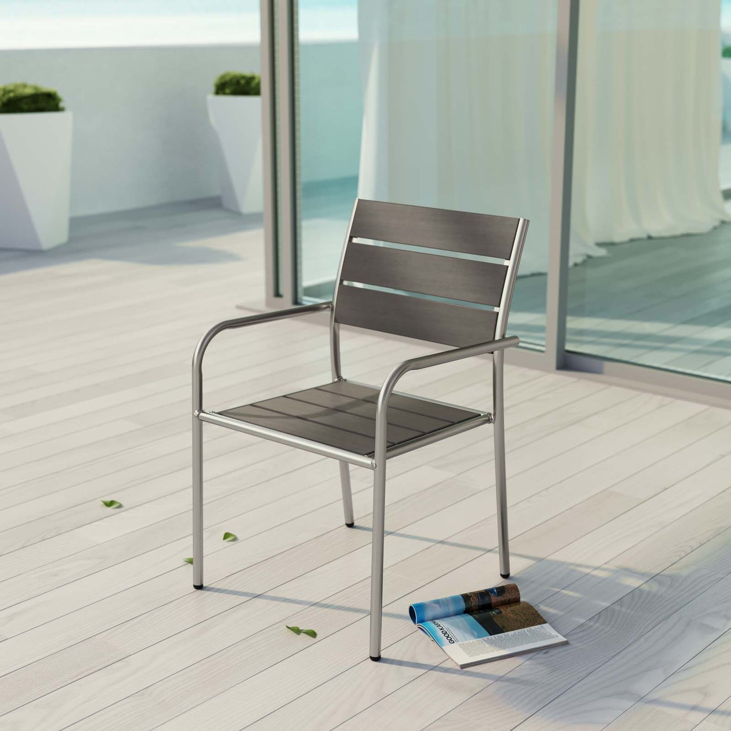 Shore Outdoor Patio Aluminum Dining Rounded Armchair Silver Gray by Modway