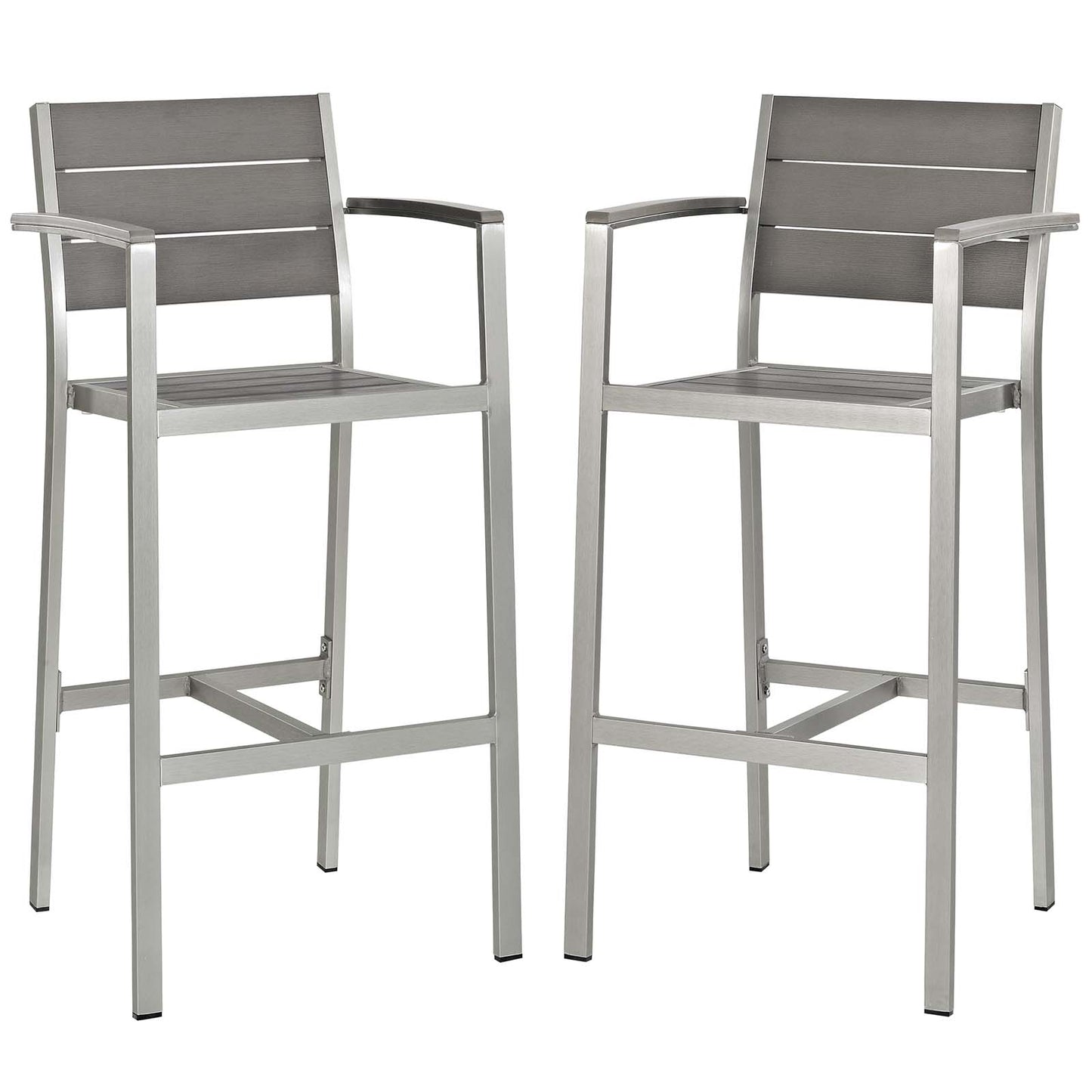 Shore Bar Stool Outdoor Patio Aluminum Set of 2 Silver Gray Arm Chairs by Modway