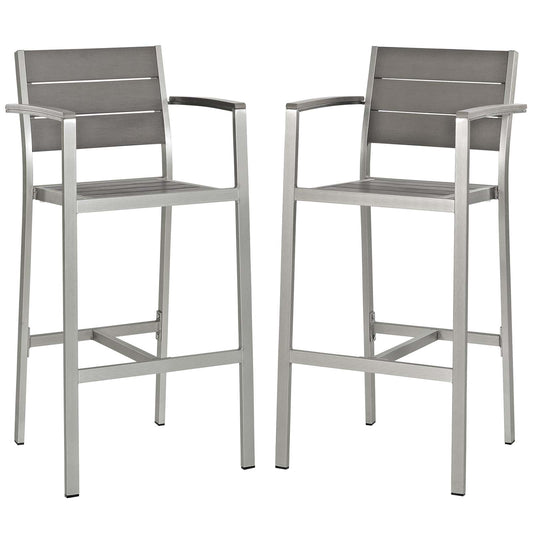 Shore Bar Stool Outdoor Patio Aluminum Set of 2 Silver Gray Arm Chairs by Modway